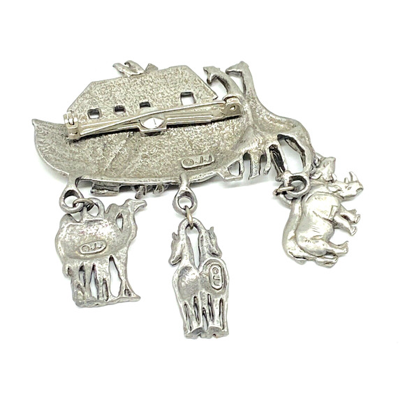"JJ" Jonette Jewelry Silver Pewter 'NOAH'S ARK ~ Animal Charms' Pin Brooch Vtg - Picture 5 of 11